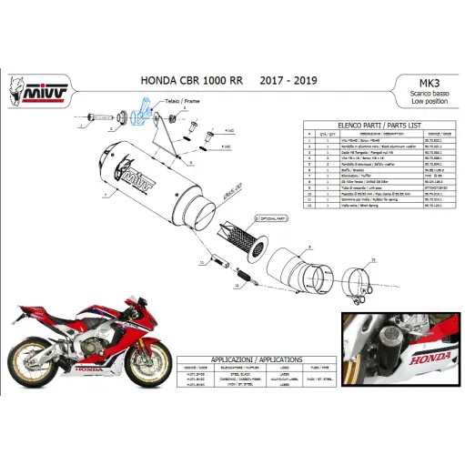Mivv Honda Cbr 1000 RR 17 - 2019 Terminale Di Scarico Moto Marmitta Mk3 Inox Basso