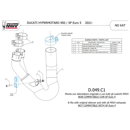 Ducati Hypermotar 950 / SP 21 - 2023 Mivv Tubo Elimina Kat Catalizzatore Moto Collettore Di Scarico