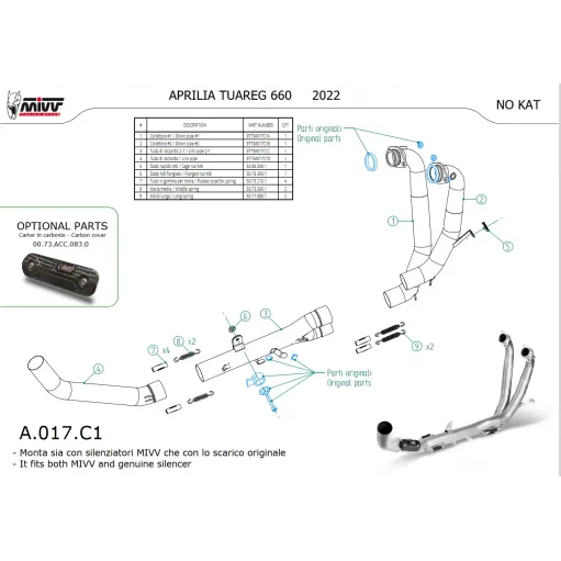 Aprilia Tuareg 660 Collettori Di Scarico Moto Mivv Tubo Elimina Kat Inox Catalizzatore