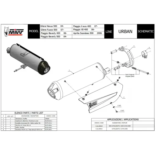 Mivv Aprilia Scarabeo 500 06 - 2007 Terminale Di Scarico Per Scooter Marmitta Urban Inox Catalizzato