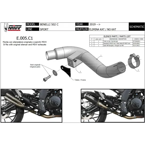 Benelli 502C Mivv Tubo Elimina Kat Catalizzatore Moto Collettore Scarico