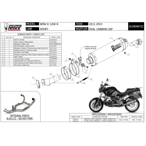 Mivv Bmw R 1200 R 11 - 2014 Terminale Di Scarico Moto Marmitta Oval Titanio Carbon Cap