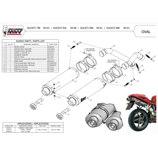 Mivv Ducati 998 94 - 2001 Terminali Di Scarico Per Moto Marmitte Ovale Titanio