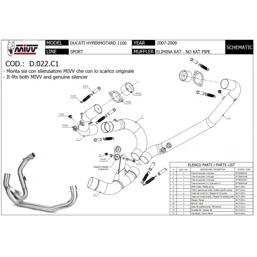Ducati Hypermotard 1100 Mivv Tubo Elimina Kat Catalizzatore Moto Collettore Di Scarico