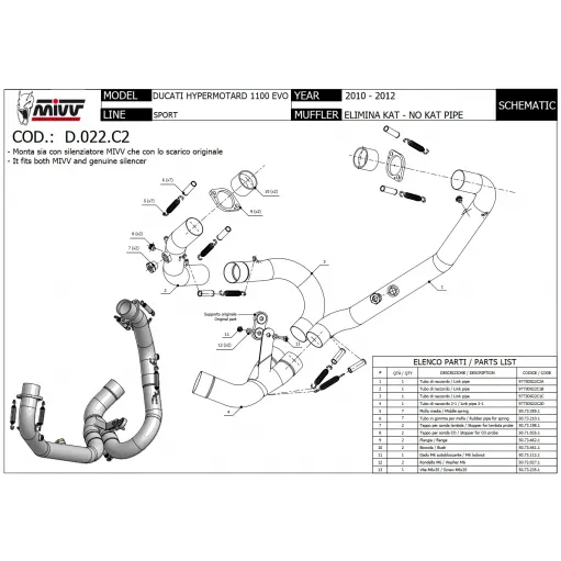 Ducati Hypermotard 1100 Evo Mivv Tubo Elimina Kat Catalizzatore Moto Collettore Di Scarico