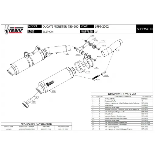 Mivv Ducati Monster 750 99 - 2002 Terminali Di Scarichi Moto Marmitte Gp Carbonio