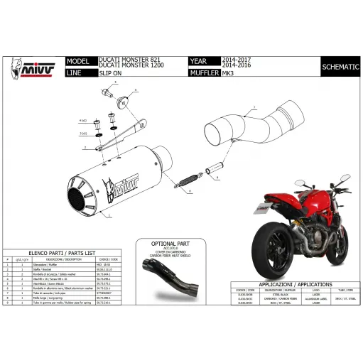 Mivv Ducati Monster 821 14 - 2017 Terminale Di Scarico Moto Marmitta Mk3 Inox Nero