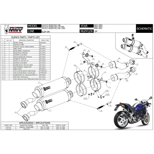 Mivv Ducati Monster S2R 1000 06 - 2007 Terminali Di Scarichi Moto Marmitte Gp Inox Nero