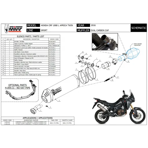 Mivv Honda Crf 1000 L Africa Twin Terminale Di Scarico Moto Marmitta Oval Titanio Carbon Cap