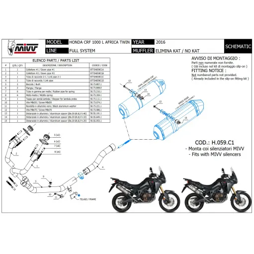 Honda Crf 1000 L Africa Twin Collettori Di Scarico Tubo Elimina Kat Catalizzatore Moto Per Scarico Mivv