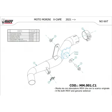 Mivv Tubo Elimina Kat Moto Morini X-Cape 650 Collettore Di Scarico Decatalizzatore