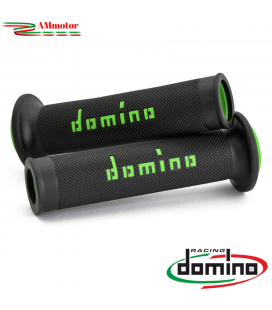 Manopole Moto Domino Coppia Nero Verde Aperte Gomma Road Racing A010 Tommaselli