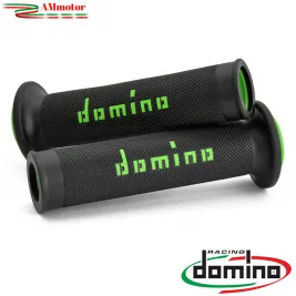 Manopole Moto Domino Coppia Nero Verde Aperte Gomma Road Racing A010 Tommaselli