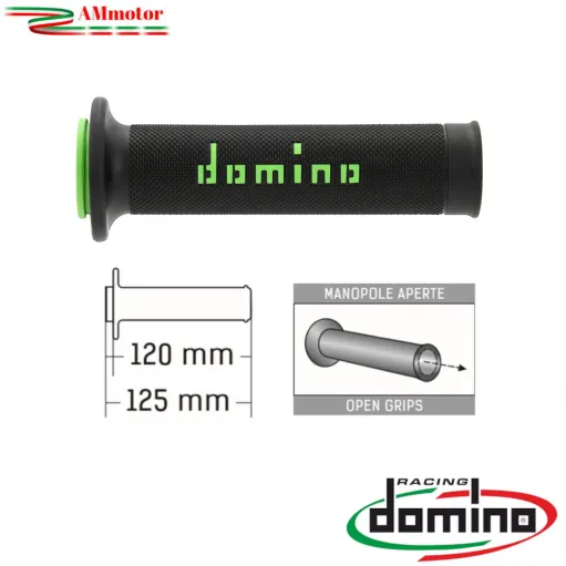 Manopole Moto Domino Coppia Nero Verde Aperte Gomma Road Racing A010 Tommaselli