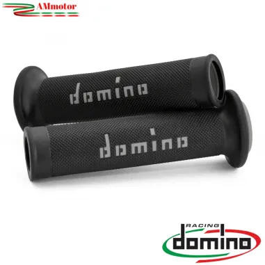 Manopole Moto Domino Coppia Nero Grigio Aperte Gomma Road Racing A010 Tommaselli