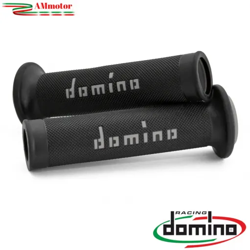 Manopole Moto Domino Coppia Nero Grigio Aperte Gomma Road Racing A010 Tommaselli