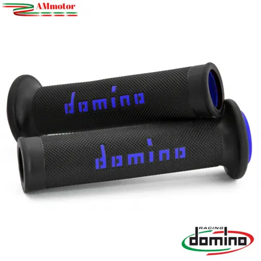 Manopole Moto Domino Coppia Nero Blu Aperte Gomma Road Racing A010 Tommaselli