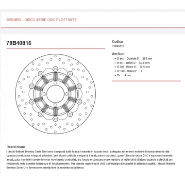 Dischi Freno Brembo Bmw R 100 RS 1985 Anteriori Serie Oro Moto Flottanti 285 mm