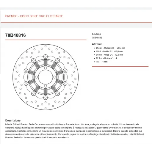 Dischi Freno Brembo Bmw R 100 RS 1985 Anteriori Serie Oro Moto Flottanti 285 mm