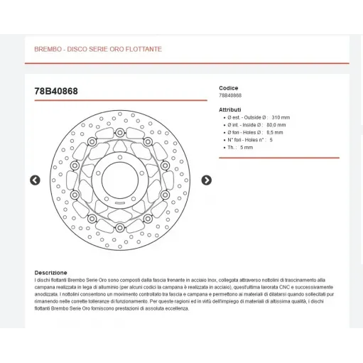 Dischi Freno MV Agusta Brutale 675 Brembo Serie Oro Anteriori Flottanti Coppia Moto