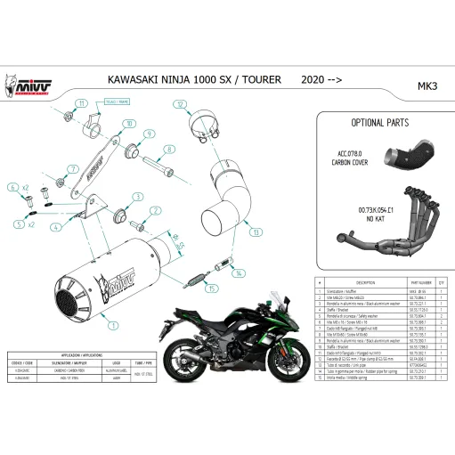 Mivv Kawasaki Ninja 1000 SX / Tourer Terminale Di Scarico Moto Marmitta MK3 Carbonio