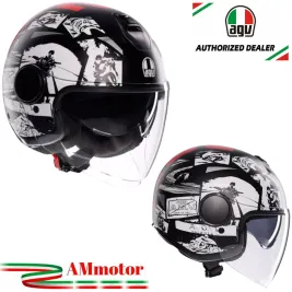 Casco Jet Agv Eteres Hystory Matt Black White Red Doppia Visiera Moto 22206
