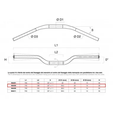 Manubrio Rizoma Moto Conico Alluminio Ergal Anodizzato Argento Sezione Variabile